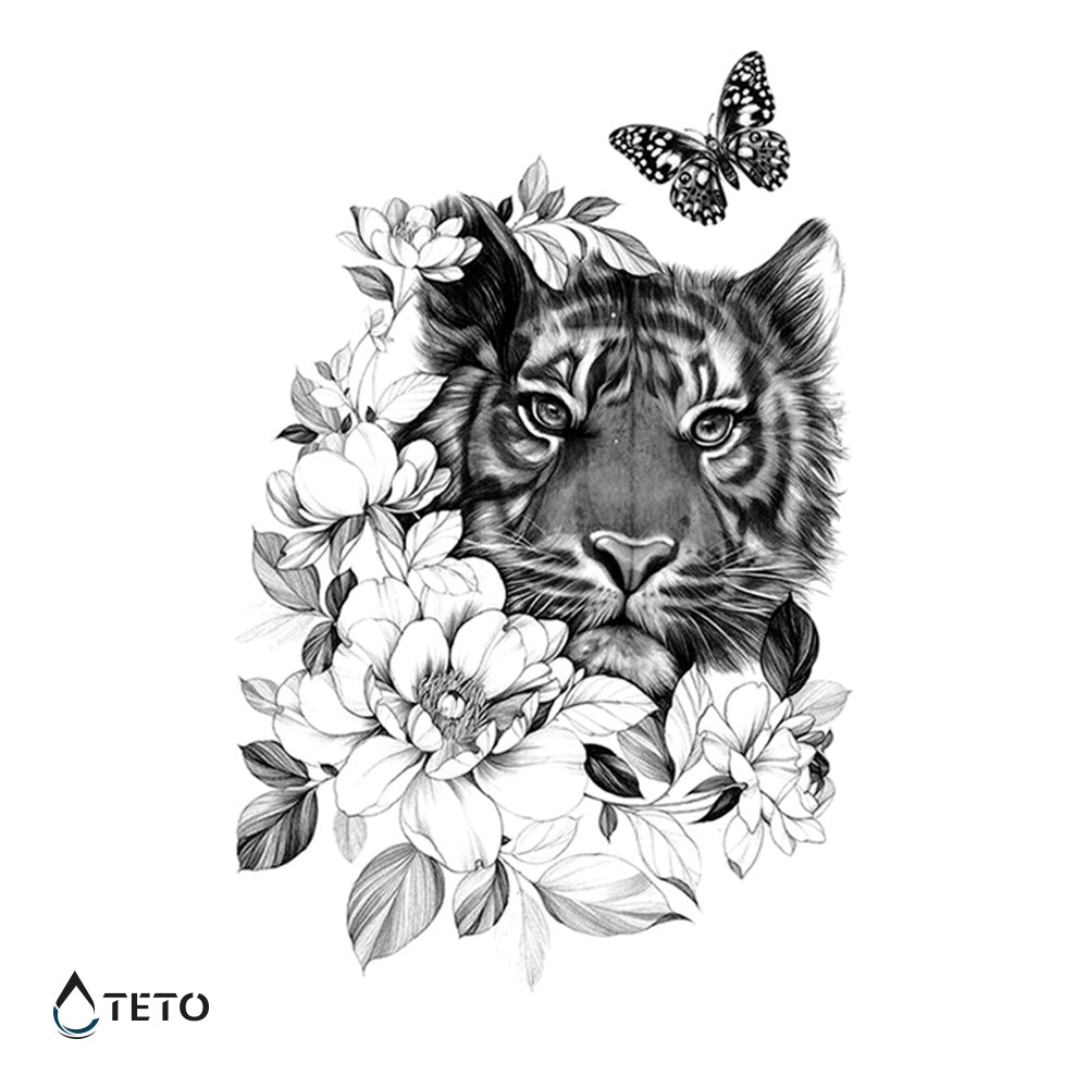 Tigre con flores grises
