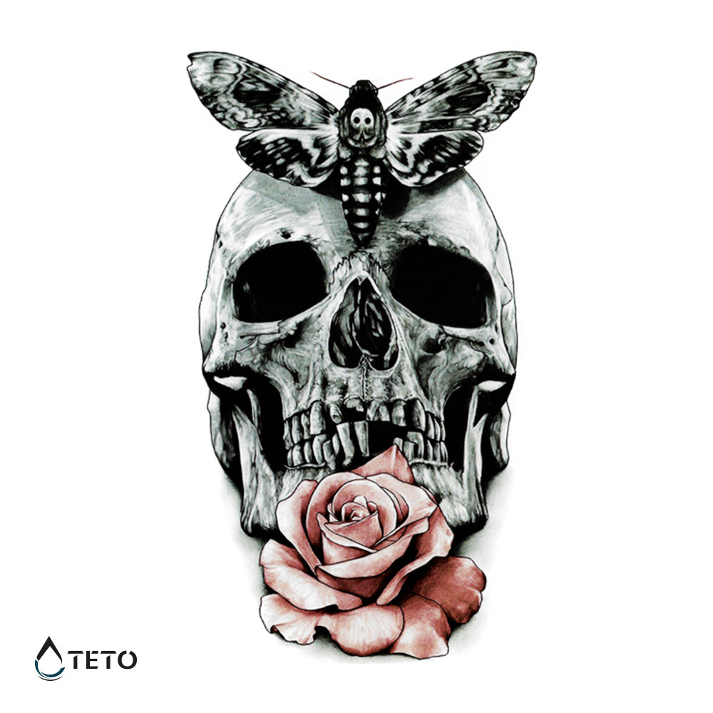 Calavera con rosa y mariposa - TETO - Tatuajes Temporales
