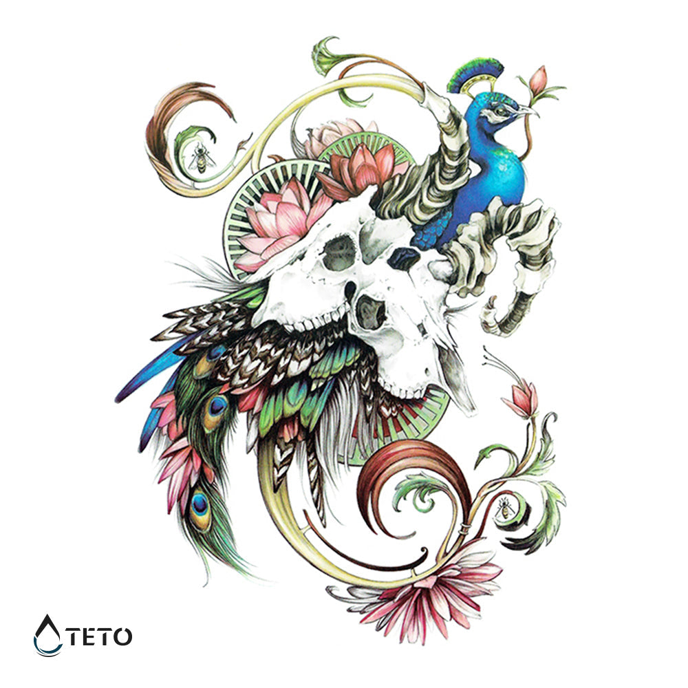 Pavo real con calaveras - TETO - Tatuajes Temporales