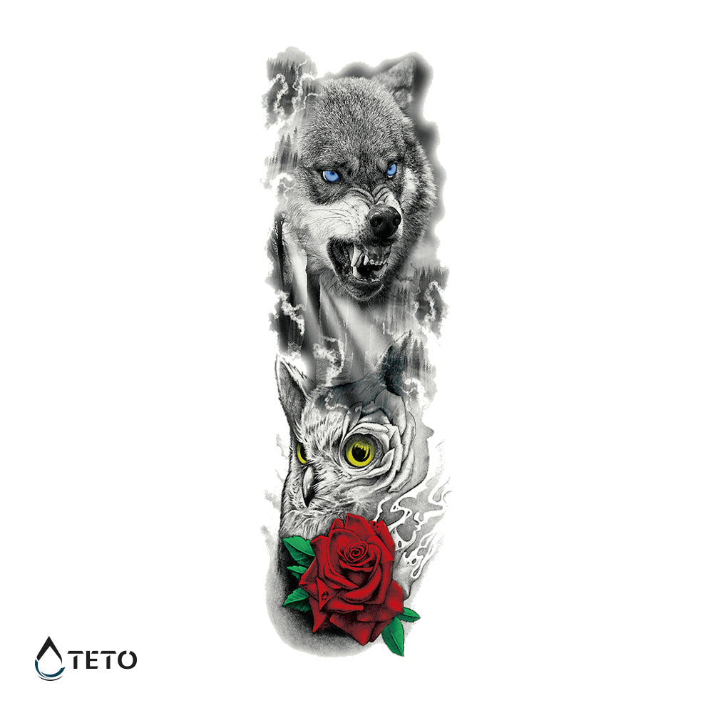 Lobo, búho y rosa - Tatuajes Temporales TETO