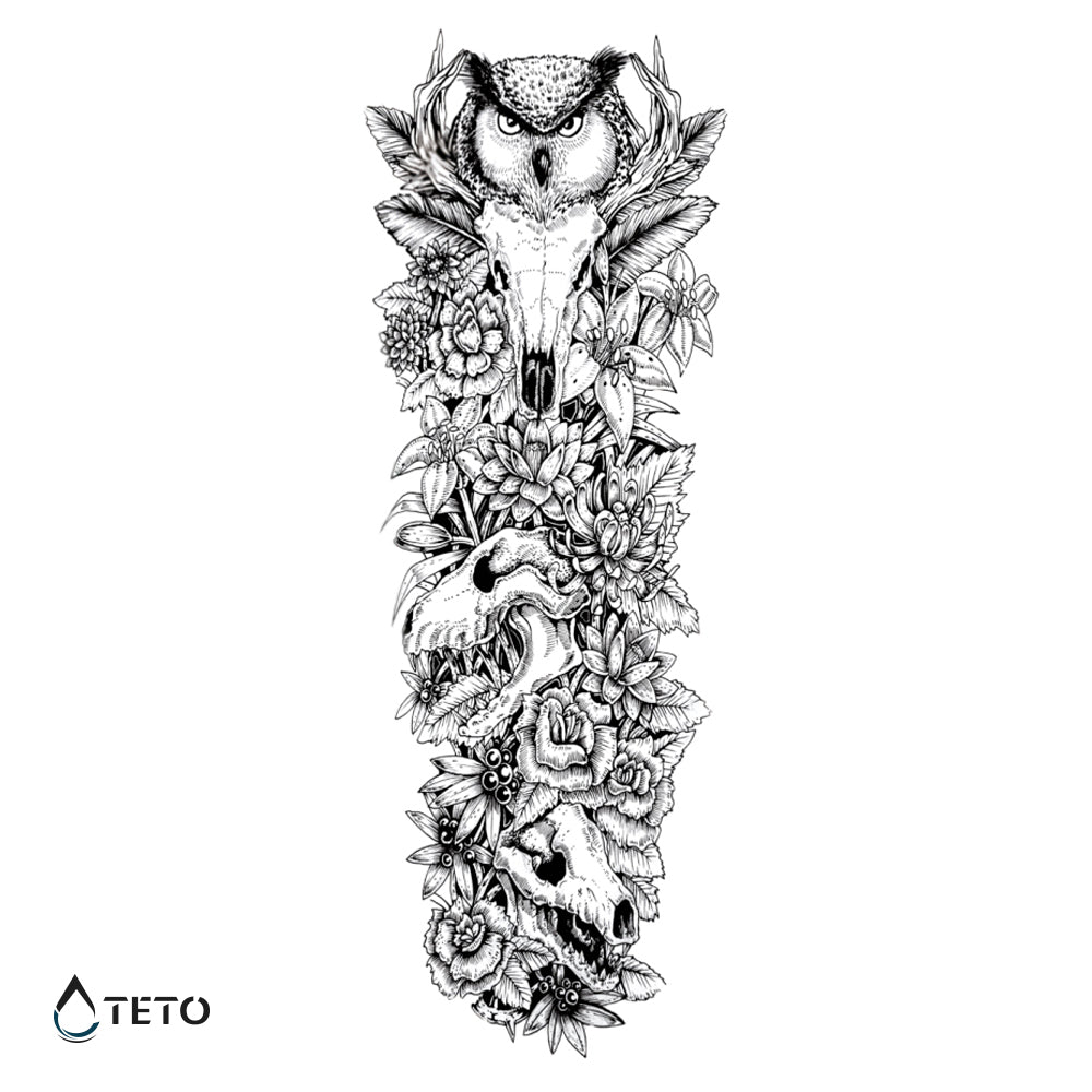 Búho con calaveras y flores - TETO - Tatuajes Temporales