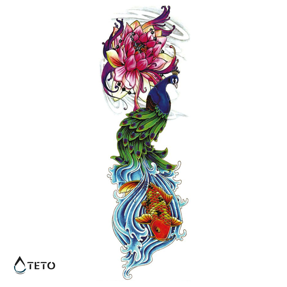 Pavo real con peces y flores - TETO - Tatuajes Temporales