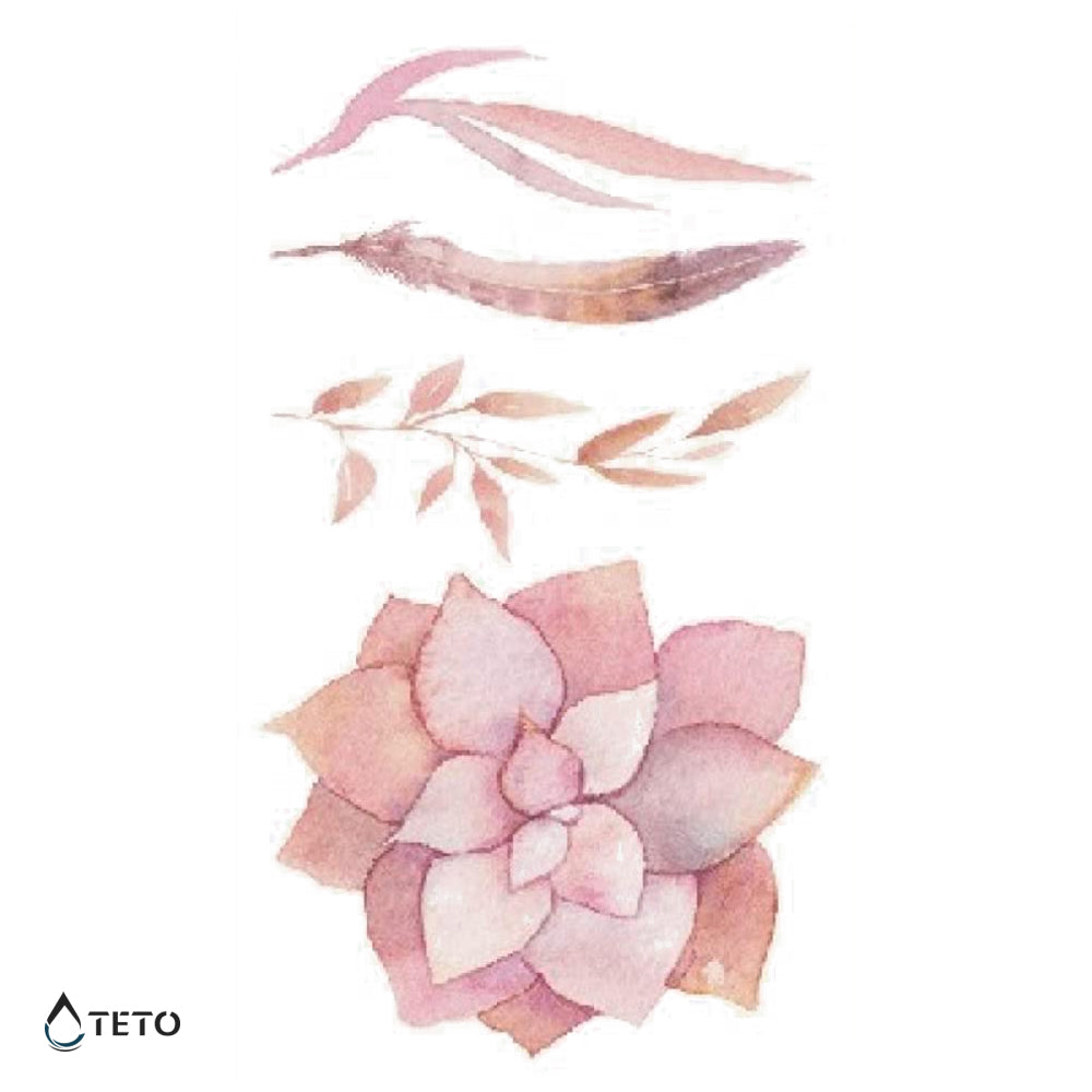 Flores y hojas rosadas – set - TETO - Tatuajes Temporales