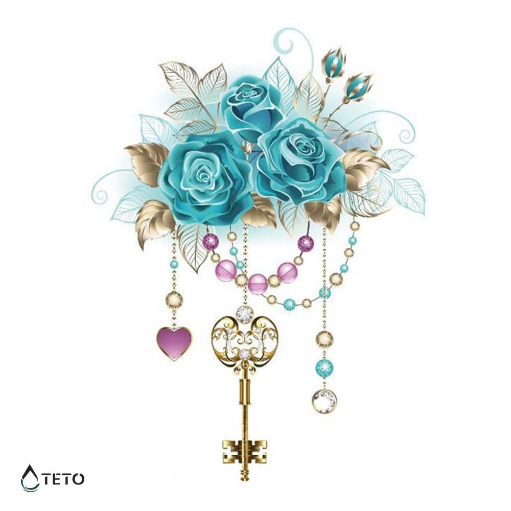 Rosa con llave y colgantes - TETO - Tatuajes Temporales