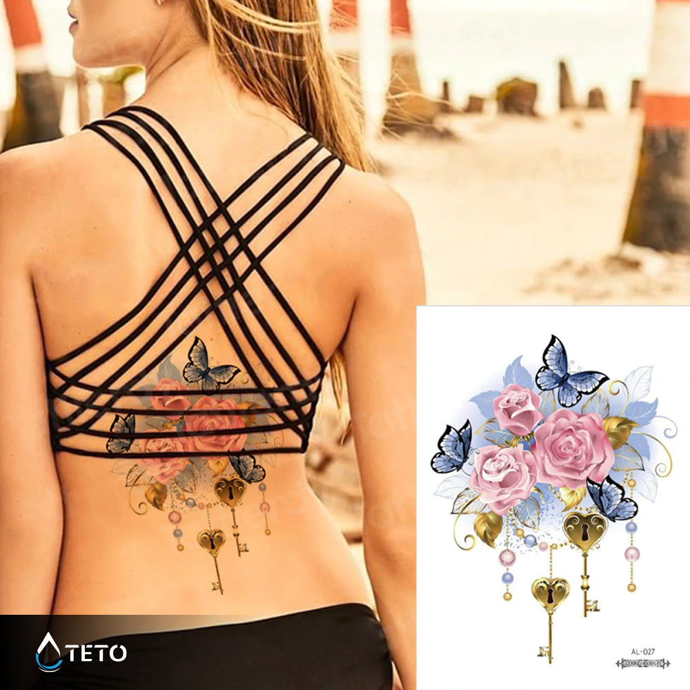 Rosas con mariposas y llaves - TETO - Tatuajes Temporales