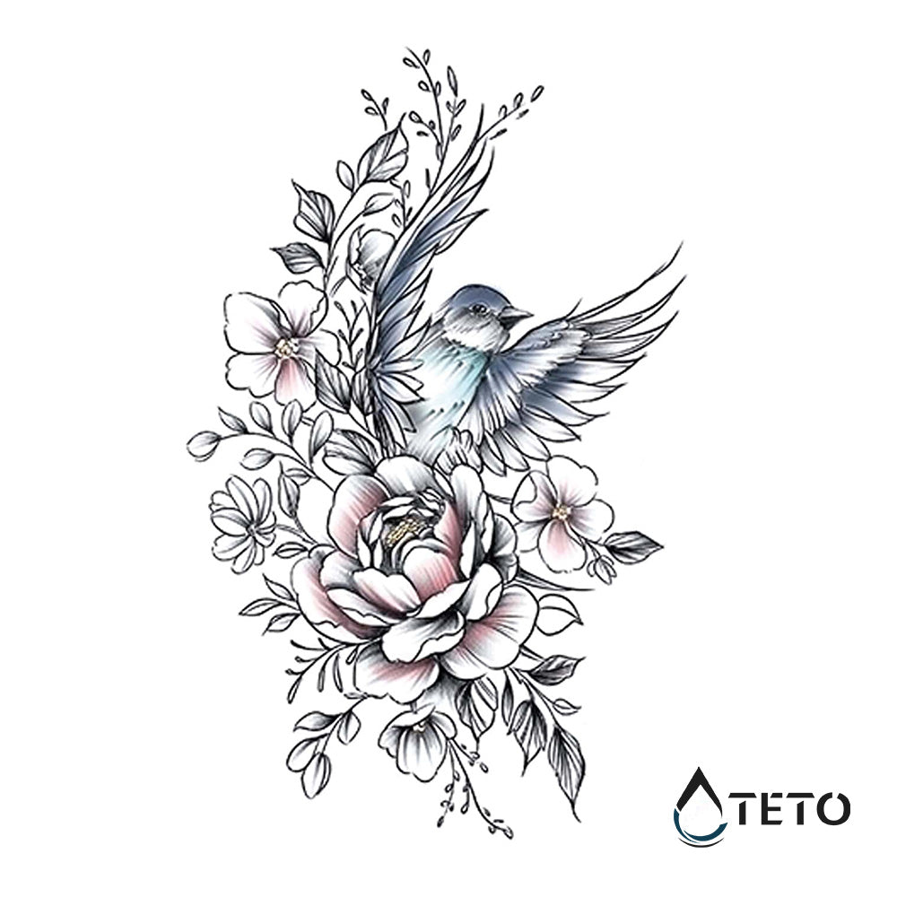 Rosa romántica con pájaro - TETO - Tatuajes Temporales