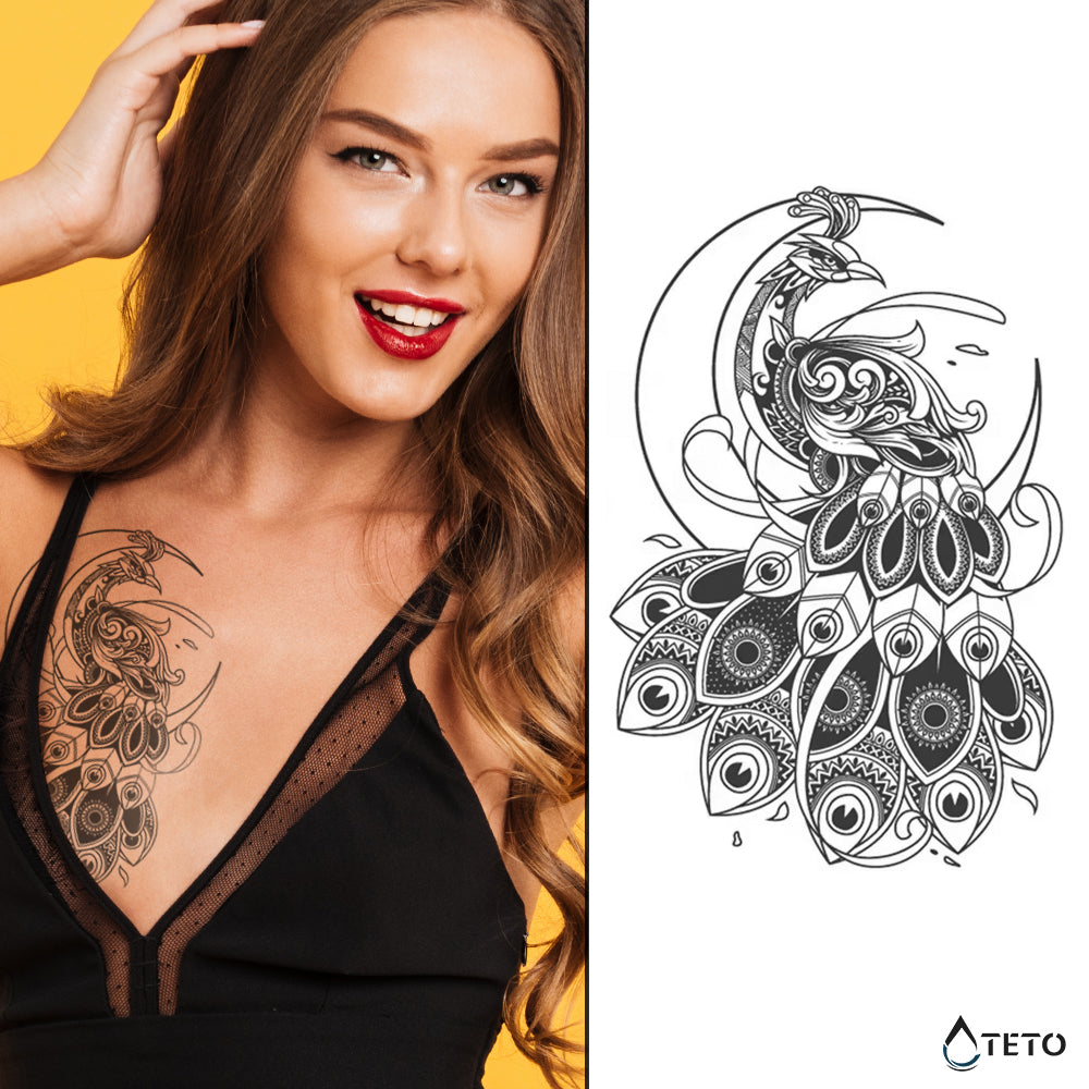 Pavo real en luna – Semipermanente - TETO - Tatuajes Temporales