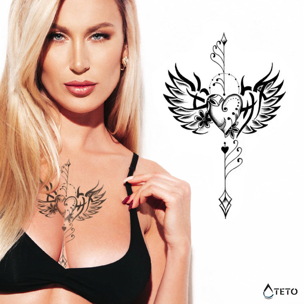 Corazón misterioso con alas de ángel – Semipermanente - TETO - Tatuajes Temporales