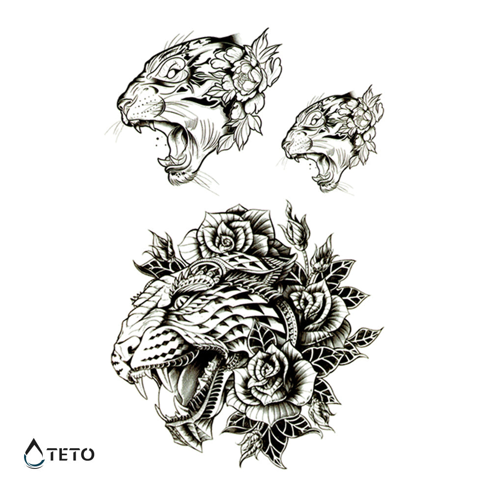 Tigre con flor - set - Tatuajes Temporales TETO
