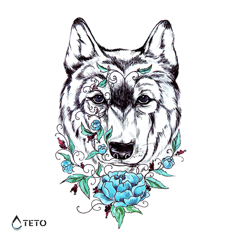 Lobo con una flor - Tatuajes Temporales TETO