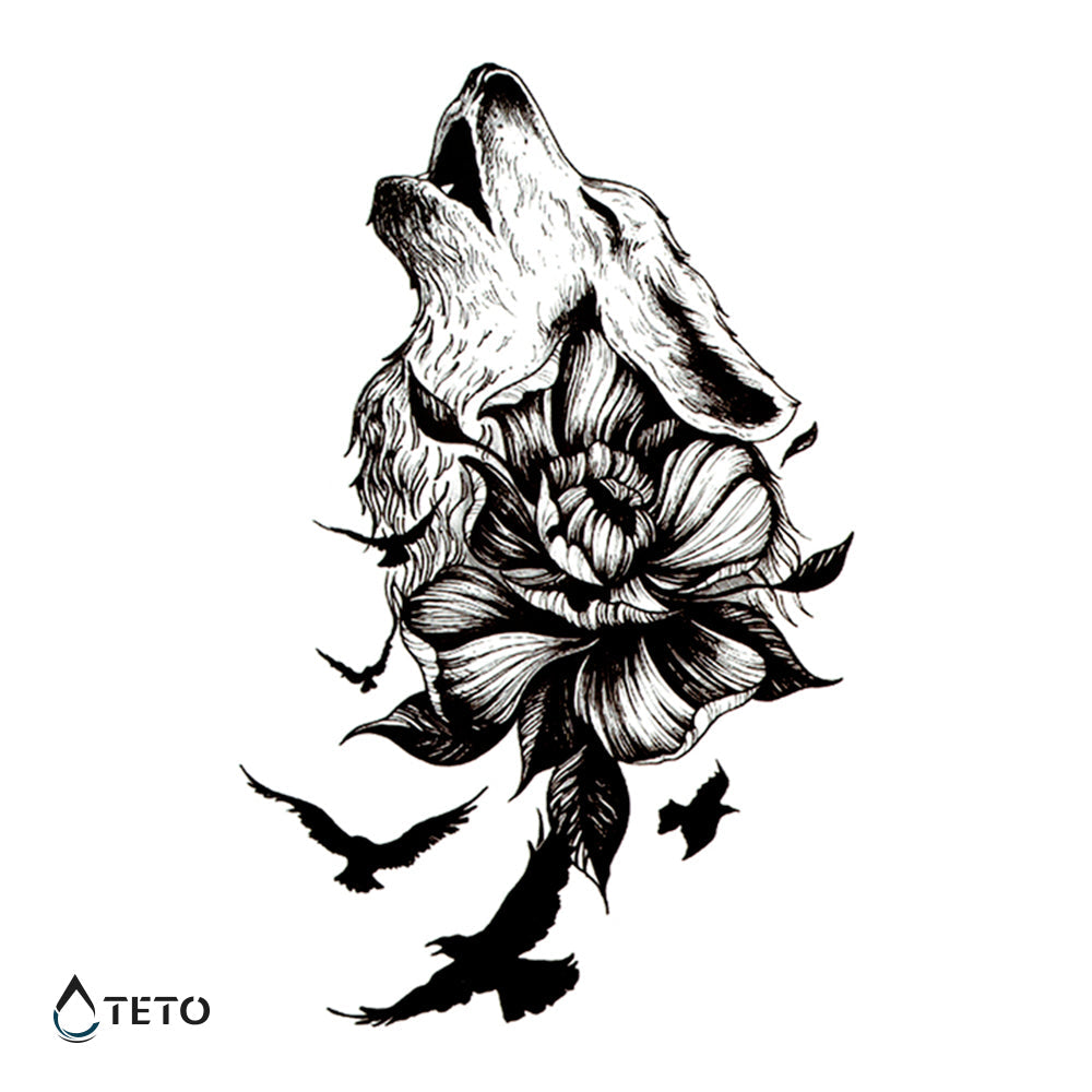 Lobo con flores y pájaros - TETO - Tatuajes Temporales