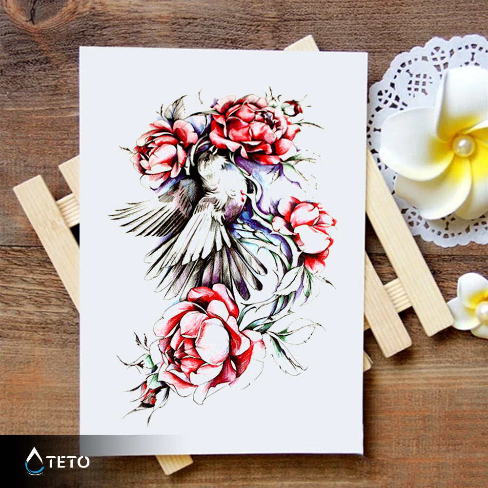 Pájaro con flores - TETO - Tatuajes Temporales