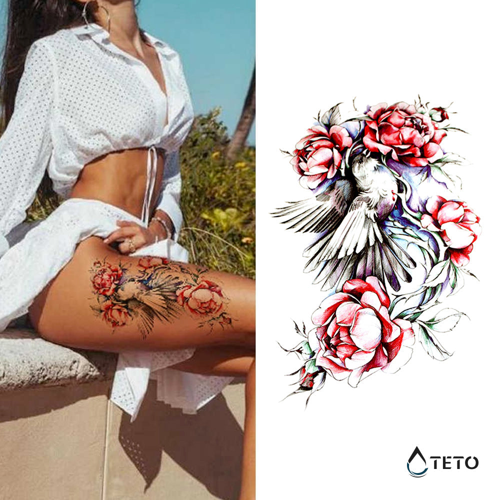 Pájaro con flores - TETO - Tatuajes Temporales