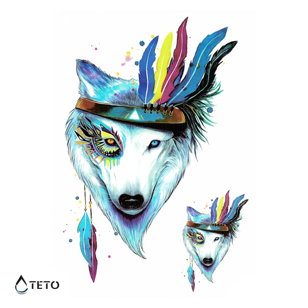 Lobo con plumas - set - TETO - Tatuajes Temporales