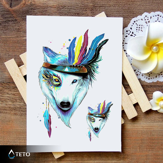 Lobo con plumas - set - TETO - Tatuajes Temporales