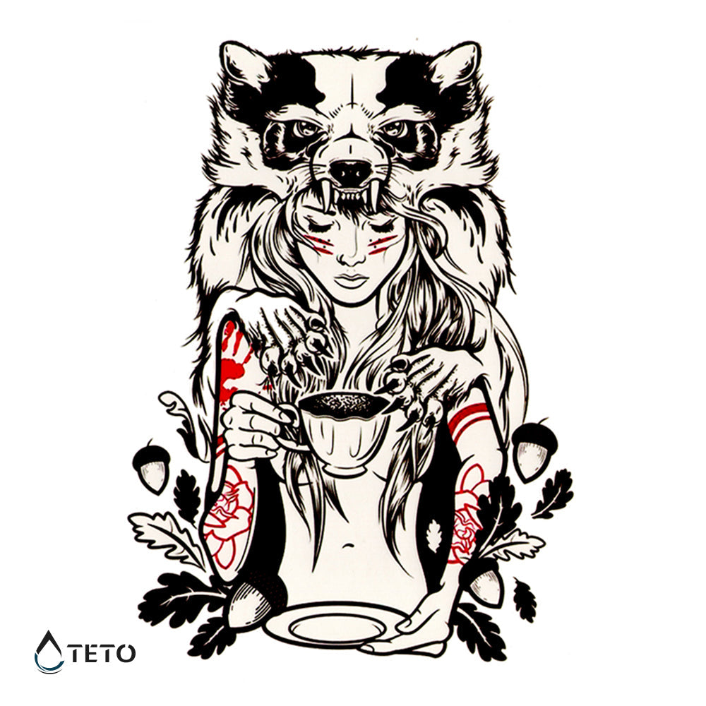 Retrato de una mujer con lobo - TETO - Tatuajes Temporales