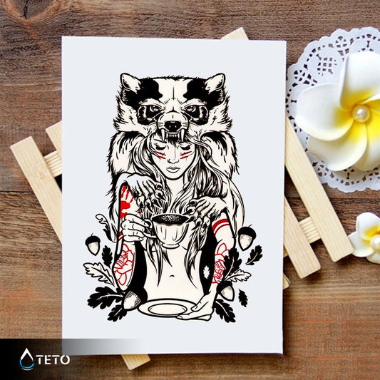 Retrato de una mujer con lobo - TETO - Tatuajes Temporales