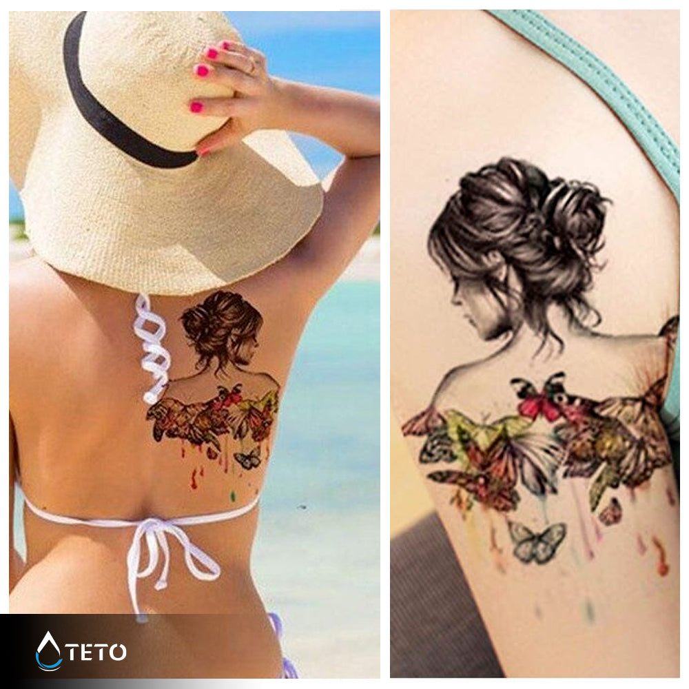 Retrato de una mujer con mariposas - TETO - Tatuajes Temporales