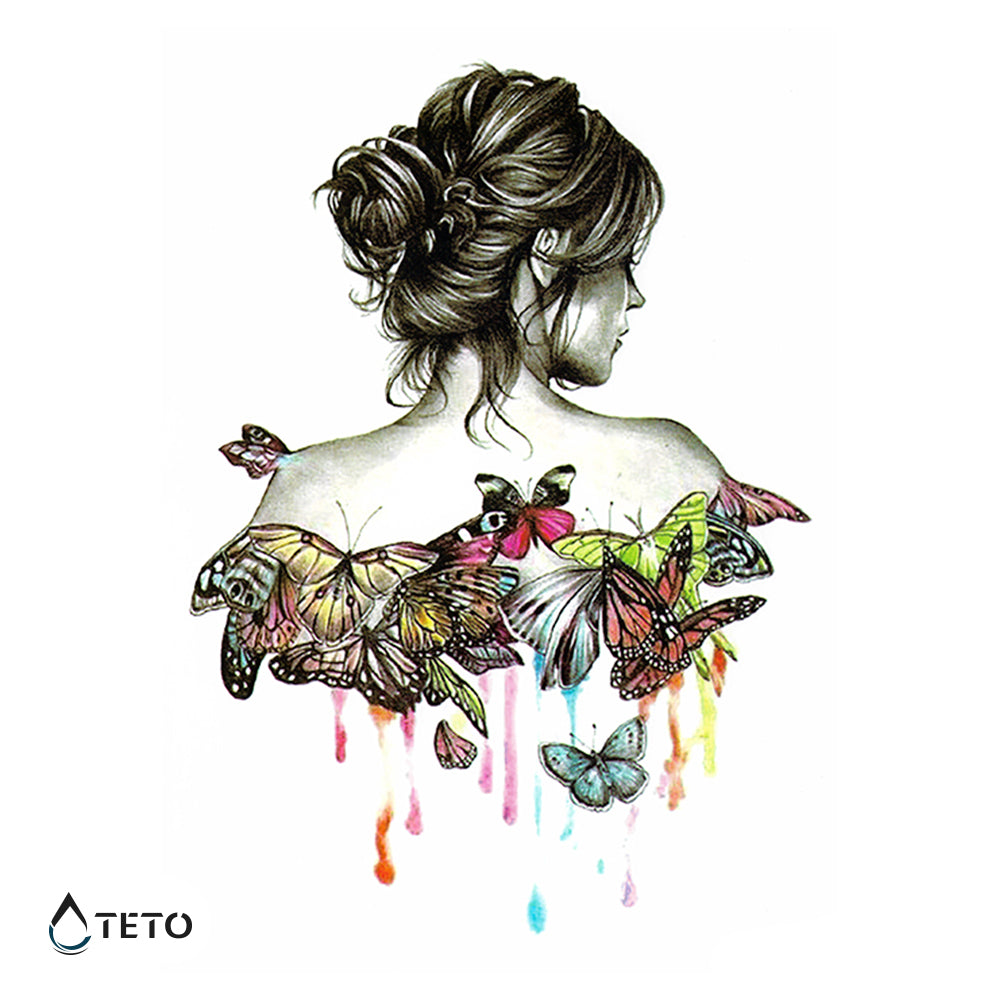 Retrato de una mujer con mariposas - TETO - Tatuajes Temporales