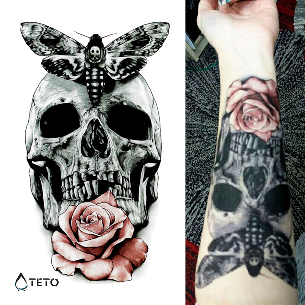 Calavera con rosa y mariposa - TETO - Tatuajes Temporales