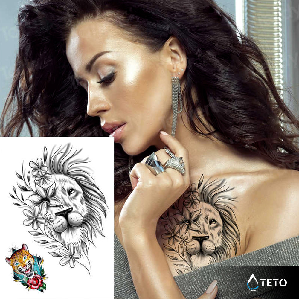 León y tigre con flor - set - TETO - Tatuajes Temporales