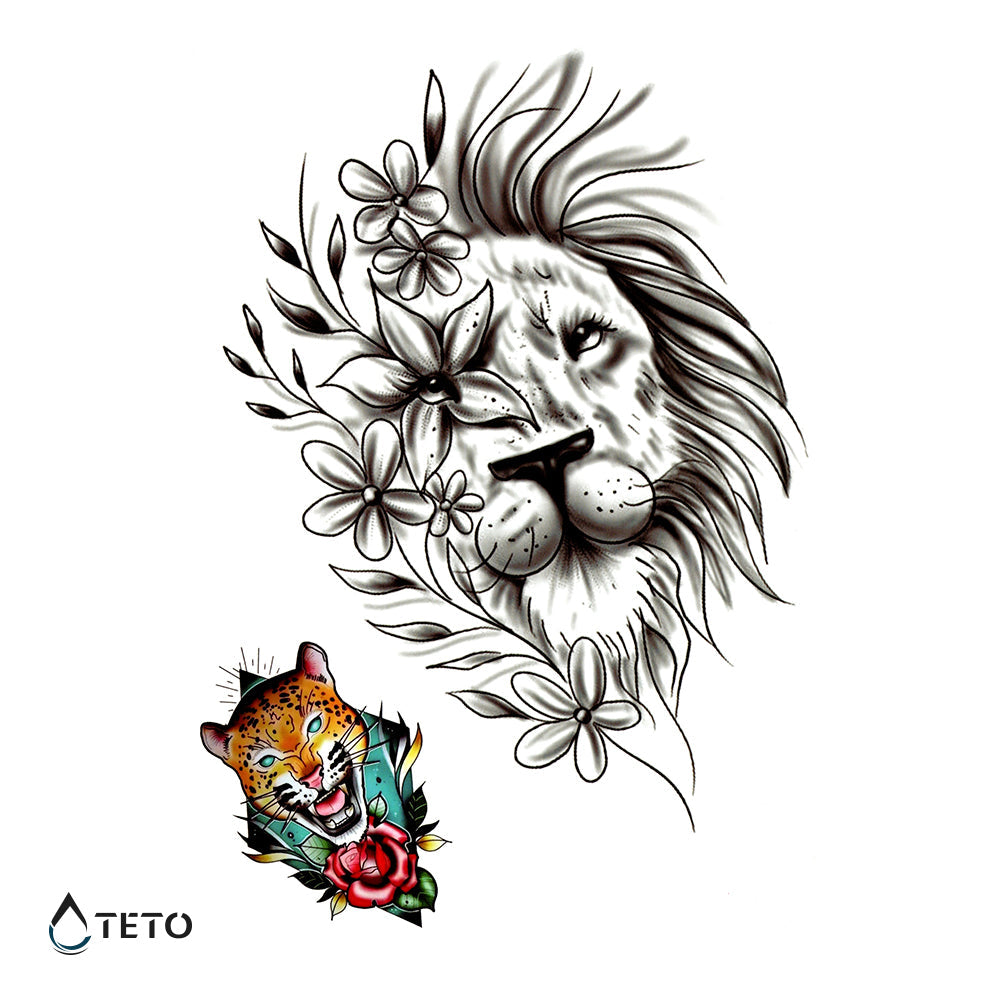 León y tigre con flor - set - TETO - Tatuajes Temporales