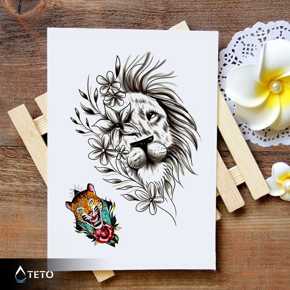 León y tigre con flor - set - TETO - Tatuajes Temporales