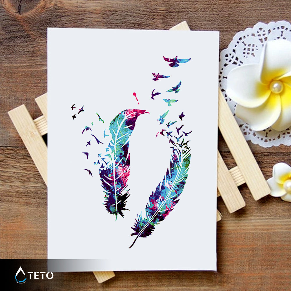 Pluma con pájaros de colores - set - TETO - Tatuajes Temporales