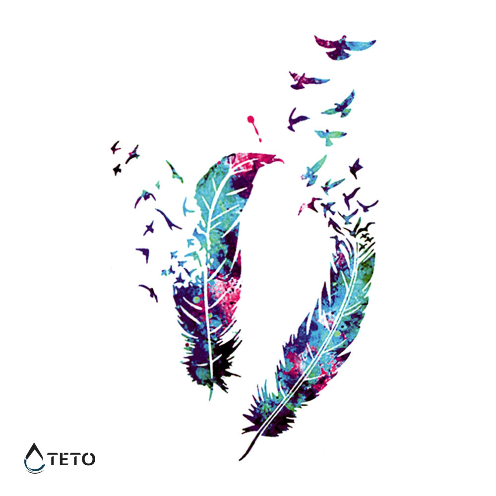 Pluma con pájaros de colores - set - TETO - Tatuajes Temporales