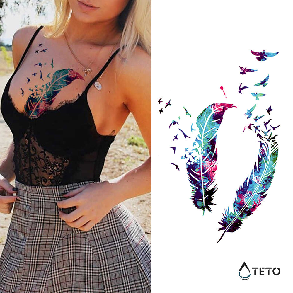 Pluma con pájaros de colores - set - TETO - Tatuajes Temporales