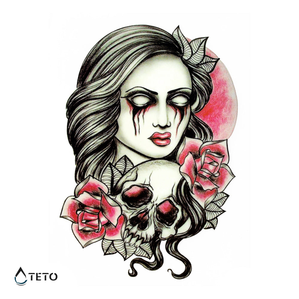 Retrato de una mujer con una calavera - TETO - Tatuajes Temporales