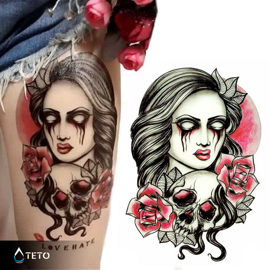 Retrato de una mujer con una calavera - TETO - Tatuajes Temporales