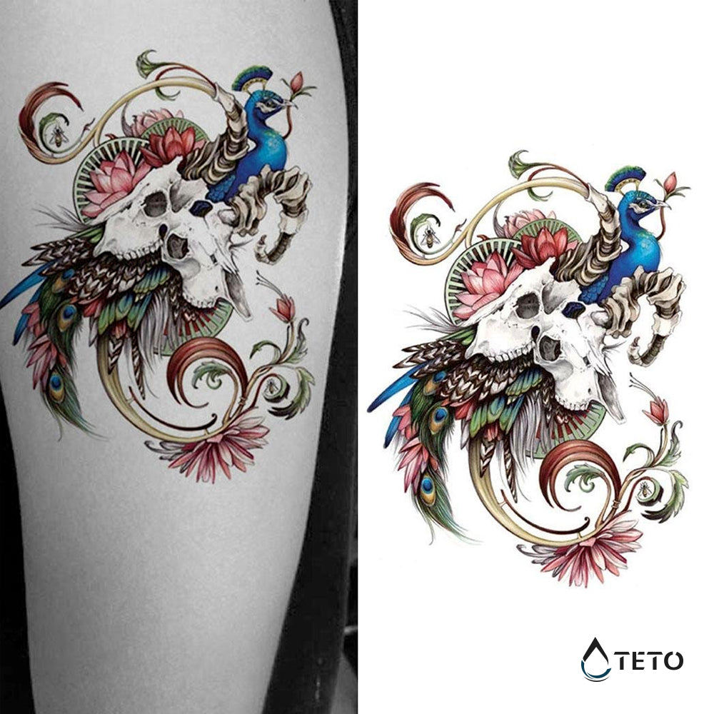 Pavo real con calaveras - TETO - Tatuajes Temporales