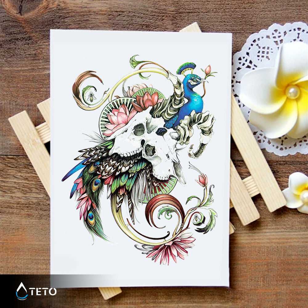 Pavo real con calaveras - TETO - Tatuajes Temporales