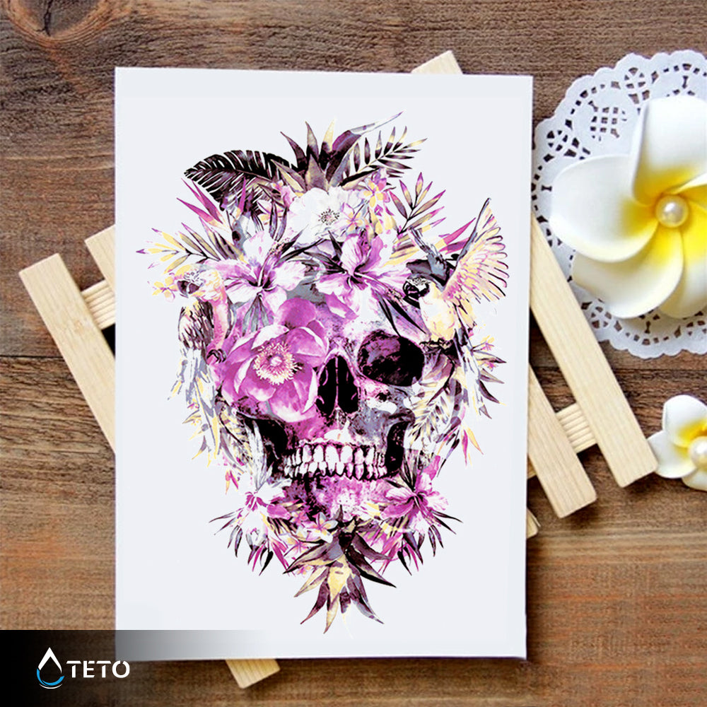 Calavera con flores rosadas - TETO - Tatuajes Temporales