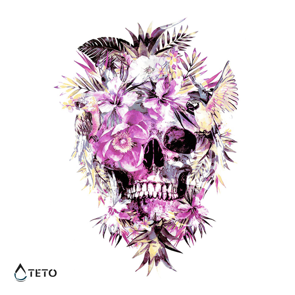 Calavera con flores rosadas - TETO - Tatuajes Temporales