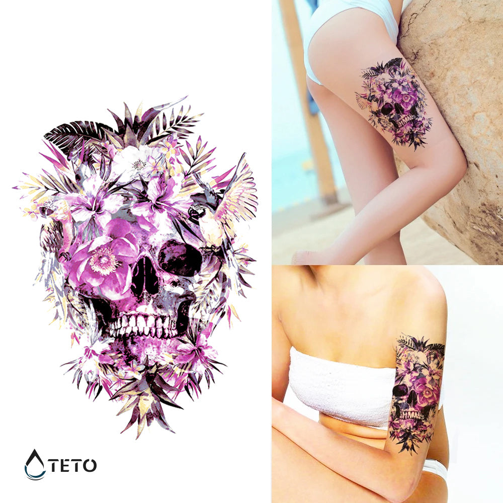 Calavera con flores rosadas - TETO - Tatuajes Temporales