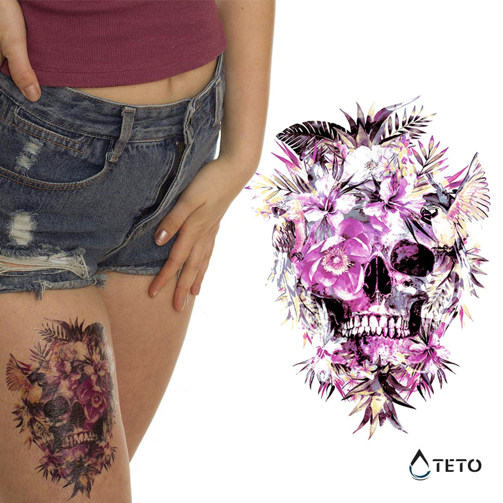 Calavera con flores rosadas - TETO - Tatuajes Temporales