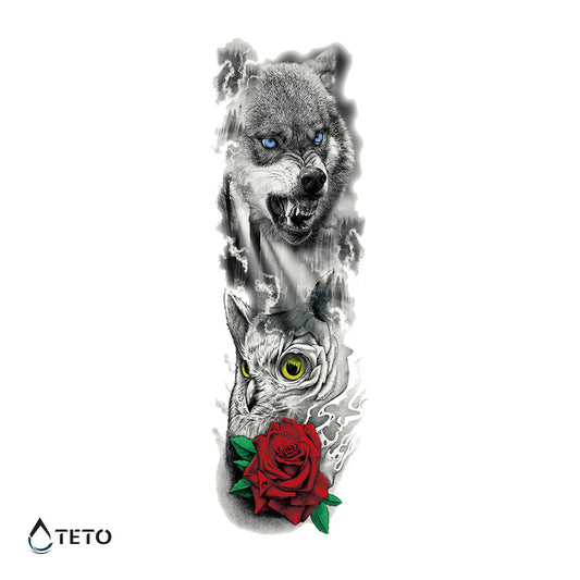 Lobo, búho y rosa - Tatuajes Temporales TETO