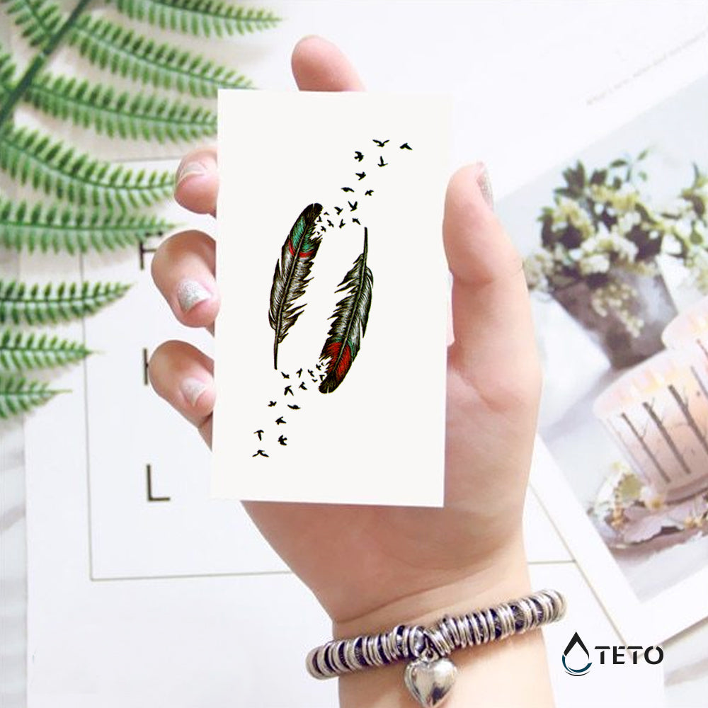 Pluma con pájaros - set - TETO - Tatuajes Temporales