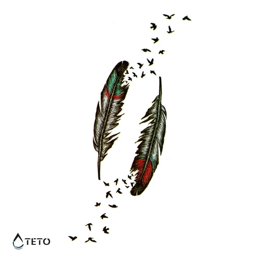 Pluma con pájaros - set - TETO - Tatuajes Temporales