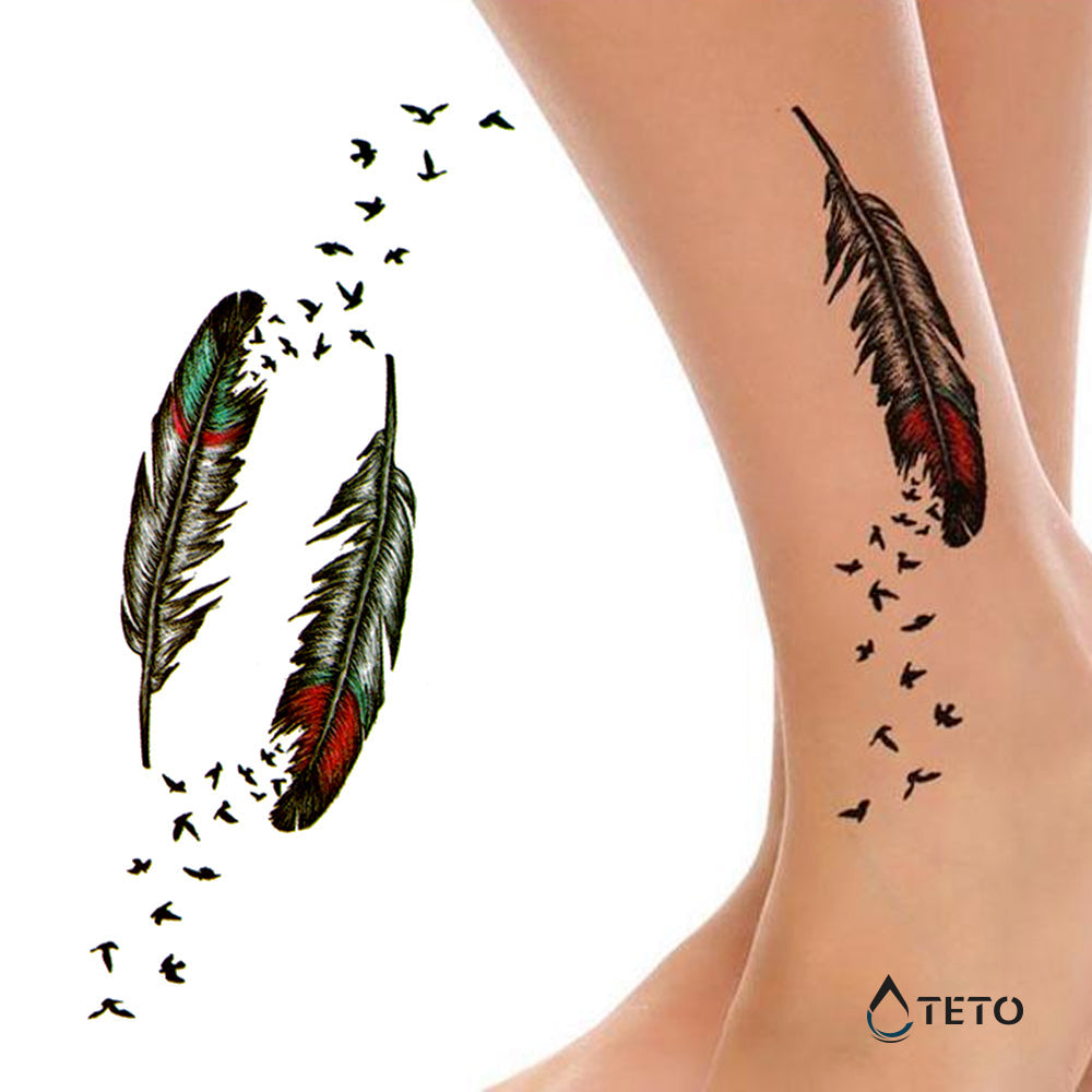 Pluma con pájaros - set - TETO - Tatuajes Temporales
