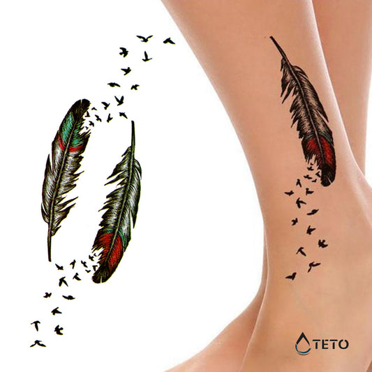 Pluma con pájaros - set - TETO - Tatuajes Temporales