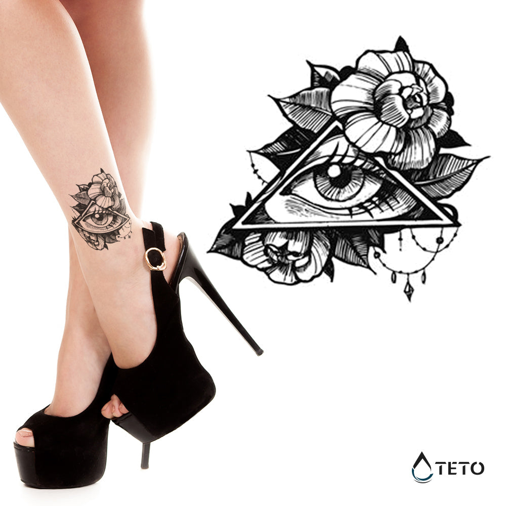 Ojo en un triángulo con rosas - TETO - Tatuajes Temporales