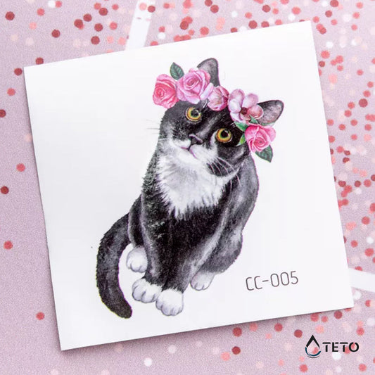 Gato con flores - TETO - Tatuajes Temporales