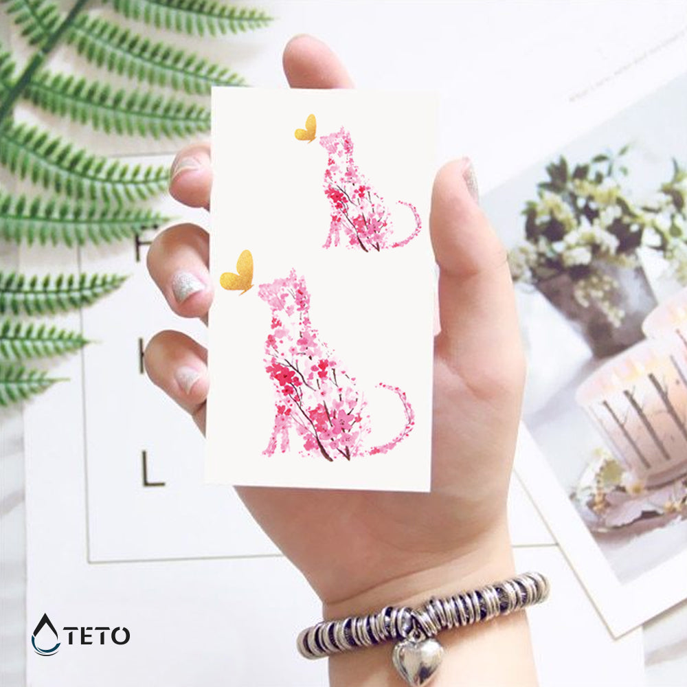 Gato hecho de flores - set - TETO - Tatuajes Temporales