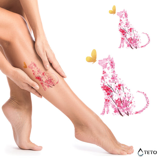 Gato hecho de flores - set - TETO - Tatuajes Temporales