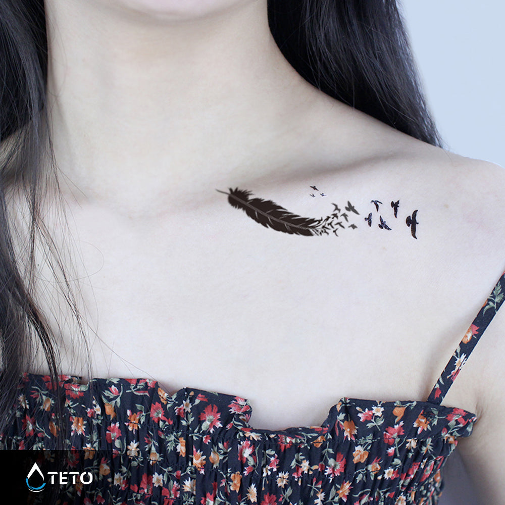 Pluma con pájaros - set - TETO - Tatuajes Temporales