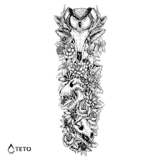 Búho con calaveras y flores - TETO - Tatuajes Temporales