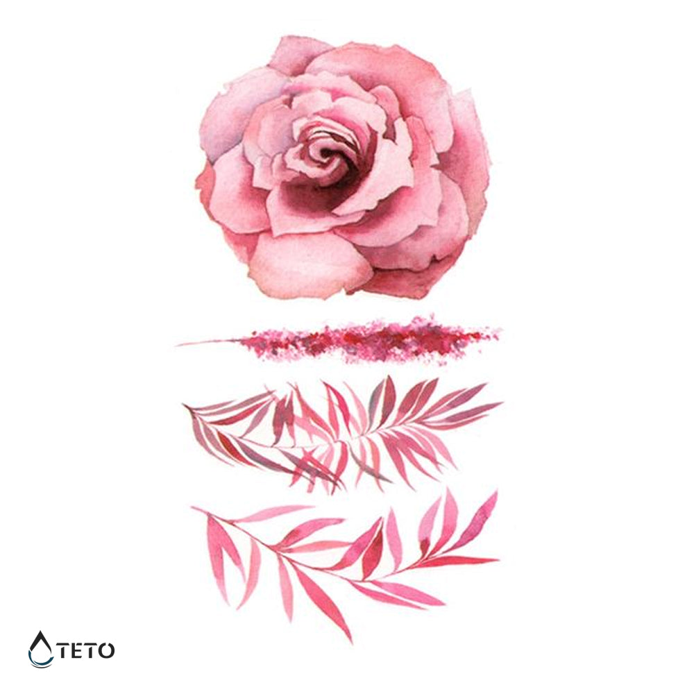 Rosa con helechos - set - TETO - Tatuajes Temporales